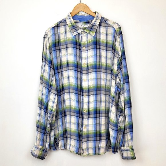 Tommy Bahama Other - Tommy Bahama White Blue Green Plaid Long Sleeve Button Up Shirt, Size XL, EUC